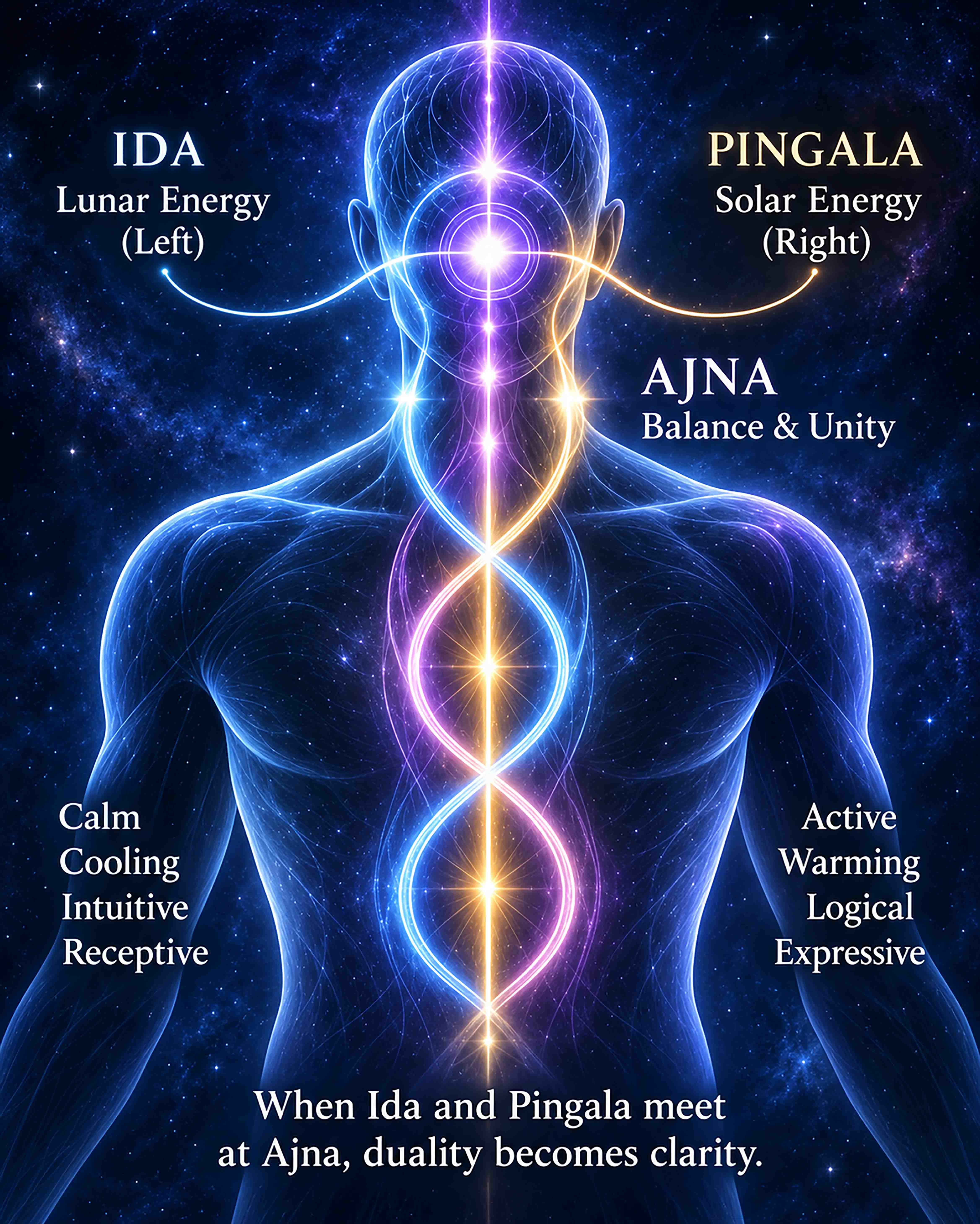 Ida, Pingala & Ajna Chakra. The Union of Lunar and Solar Energy