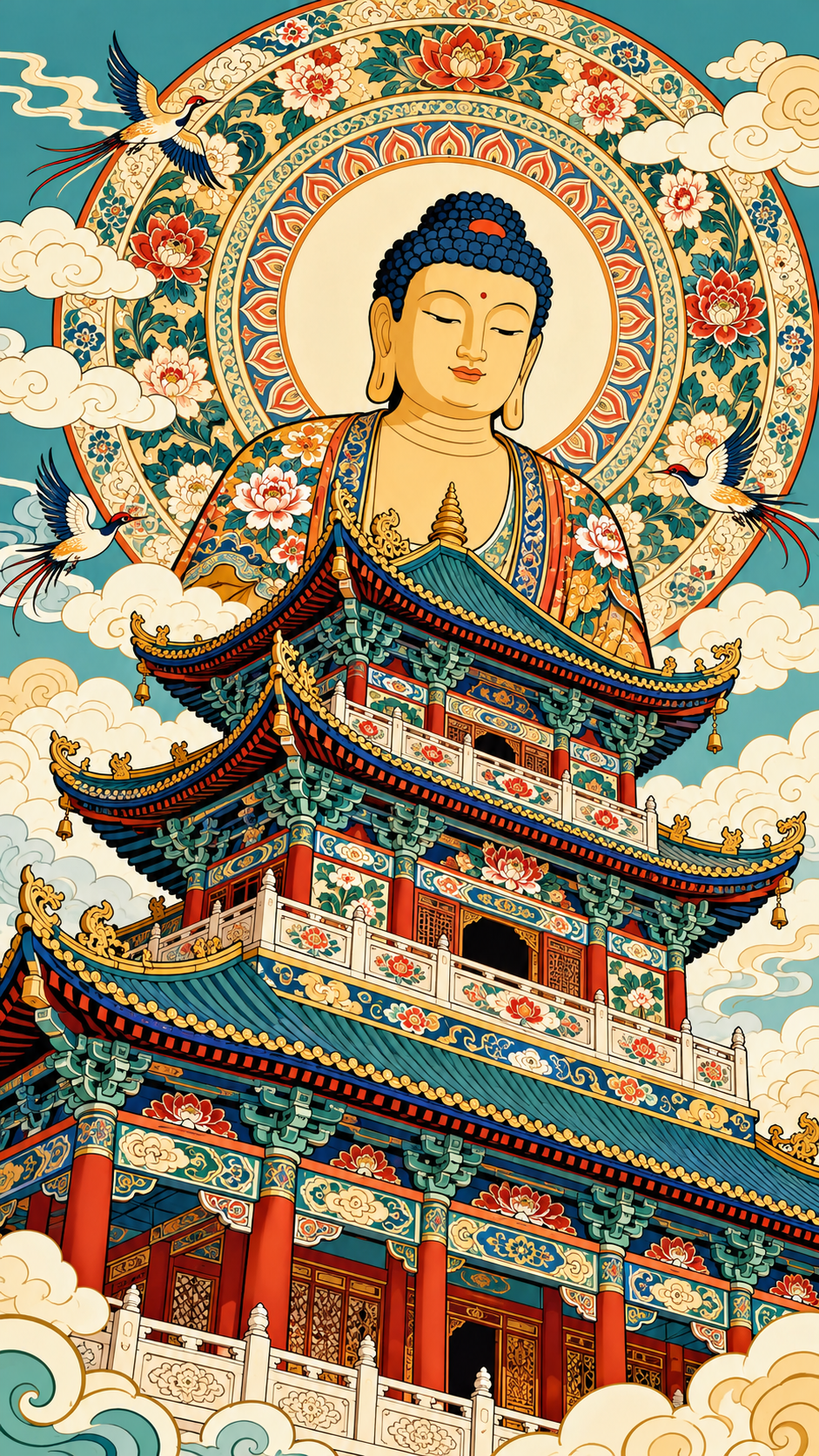 A Floral Halo Above the Painted Pagoda