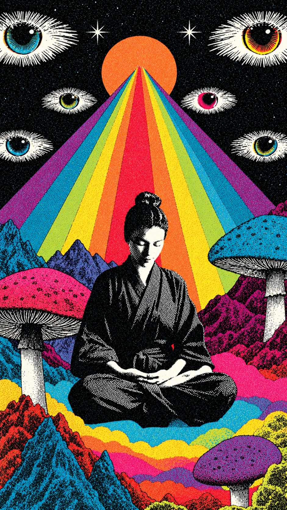 A Quiet Figure Beneath a Rainbow of Attention