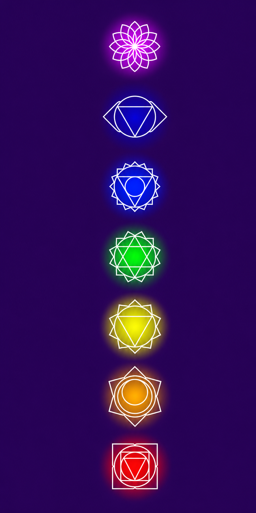 Seven Chakra Symbols in a Luminous Vertical Sequence