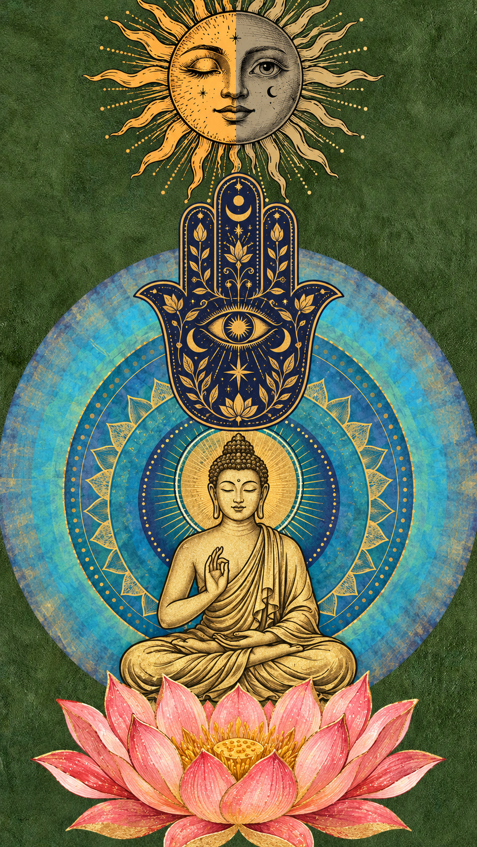 A Golden Thread Through Sun Palm and Lotus