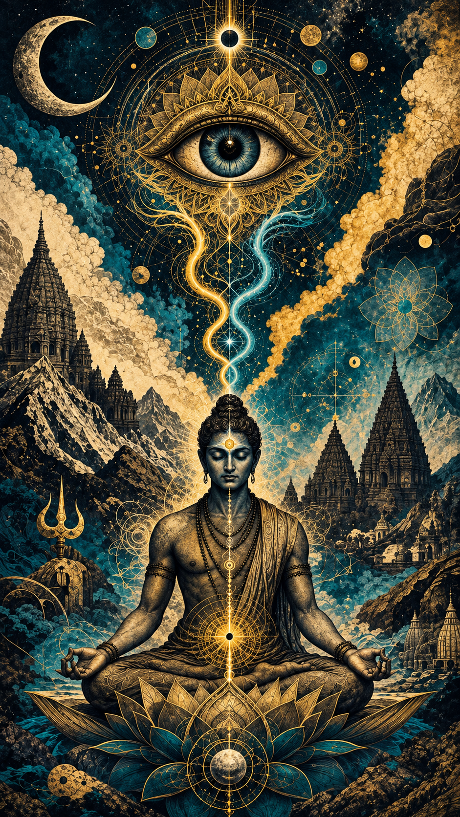 Ajna beneath a Golden Eye and Temple Sky