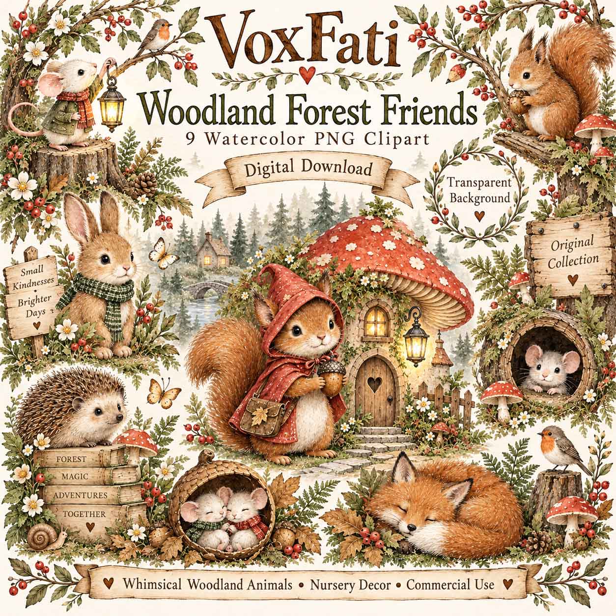 Woodland Forest Friends Watercolor Clipart Bundle – 9 Cute Forest Animals PNG, Printable Wall Art, Stickers & Greeting Cards