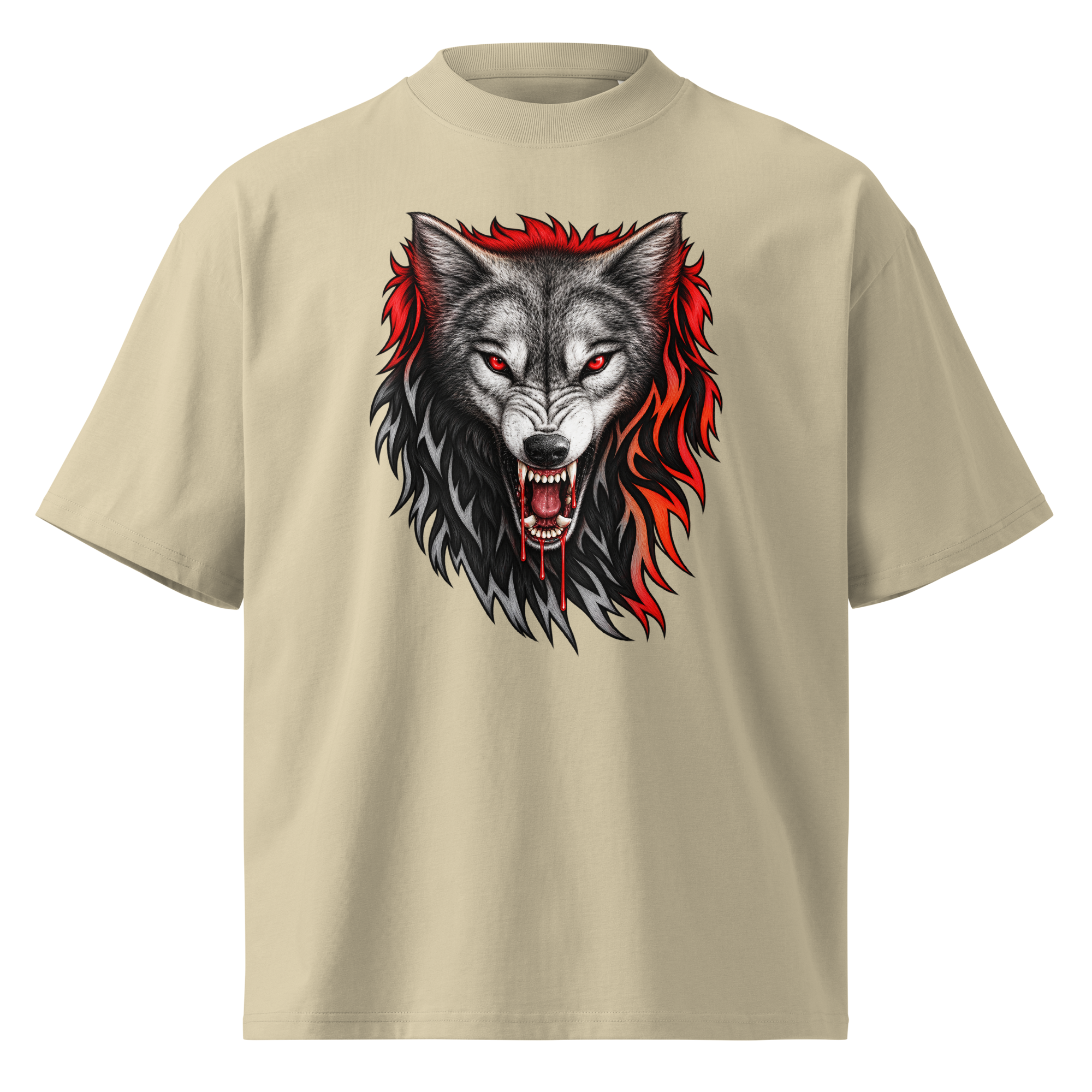Fierce Red-Eyed Wolf Unisex Organic Oversized T-Shirt