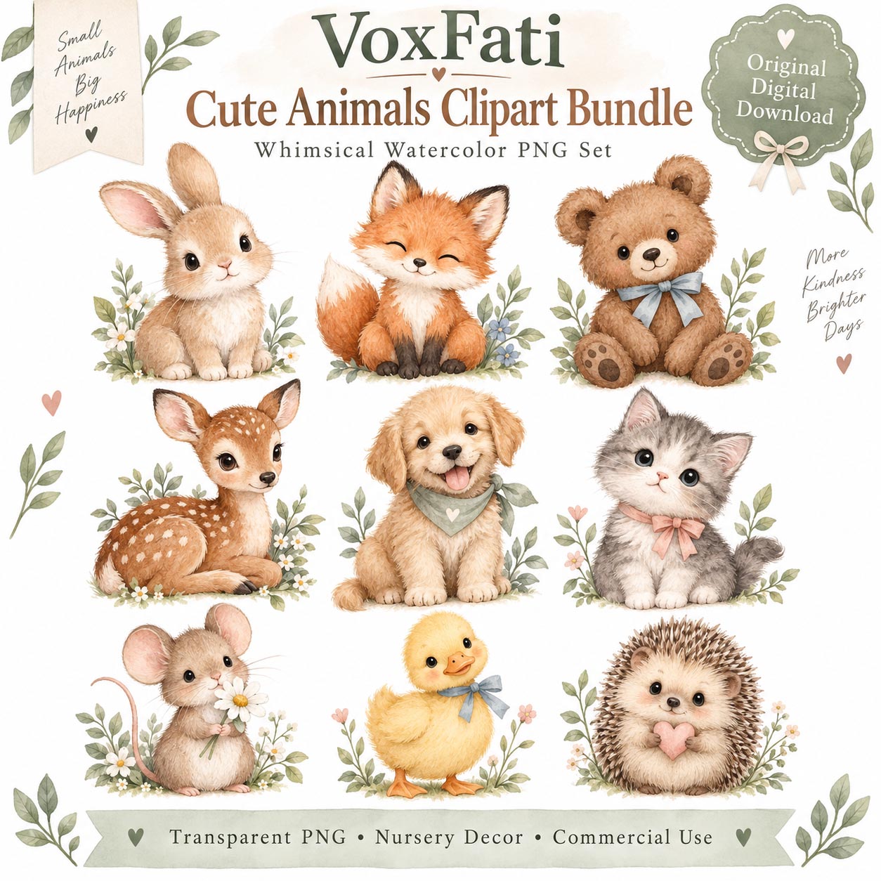 Cute Watercolor Animals Clipart Bundle – 9 PNG Illustrations, Nursery Wall Art, Printable Stickers & Greeting Cards