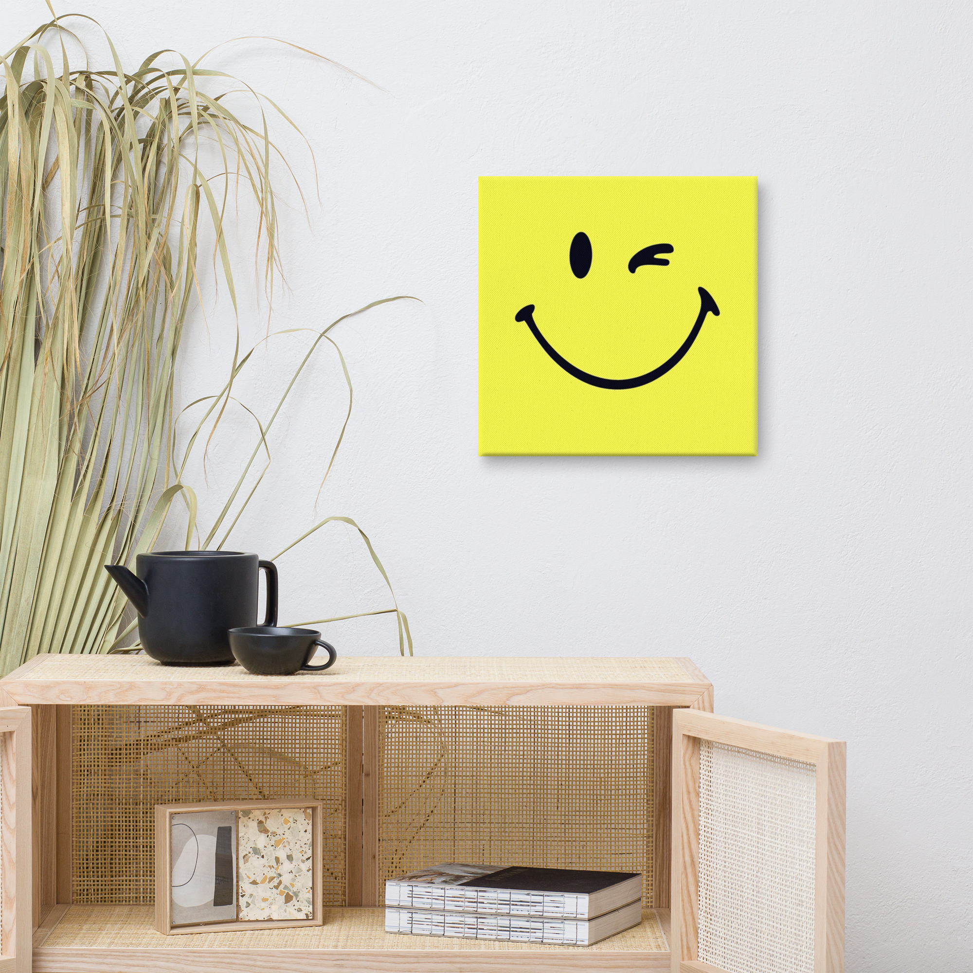 Winking Smiley Face Canvas Print – Minimalist Yellow Wall Art
