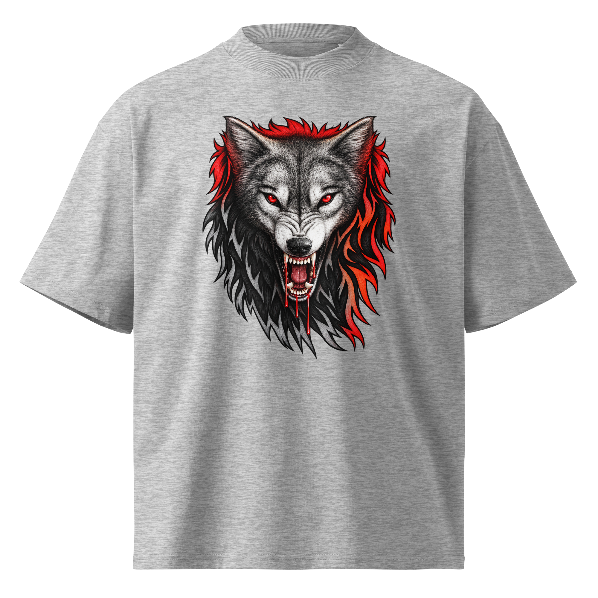 Fierce Red-Eyed Wolf Unisex Organic Oversized T-Shirt